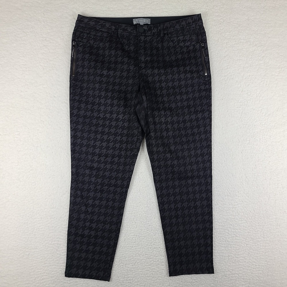 Wit Wisdom Jeans Womens 14 Black Gray Houndstooth Ab Solution Skinny Ankle Zip‎